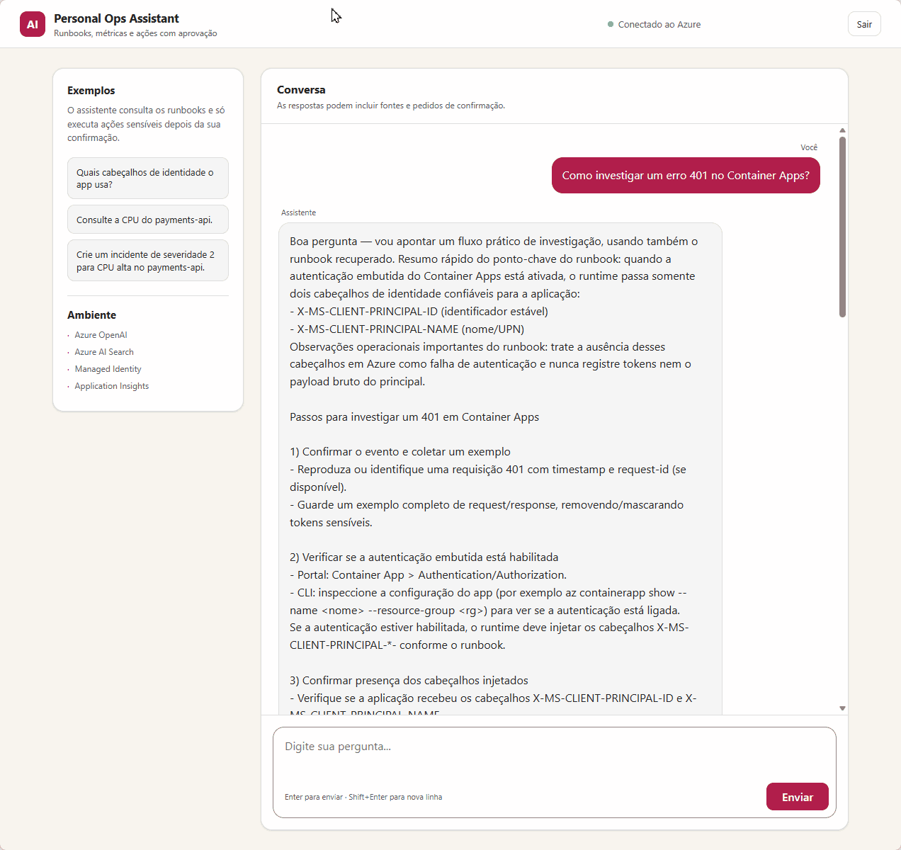 Assistente respondendo com RAG e citações dos runbooks